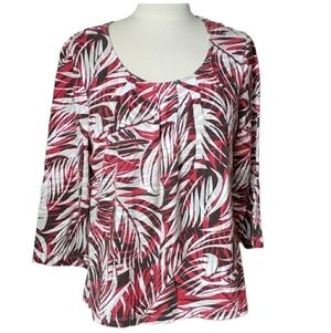 Chico's 3/4 Sleeve Palm Print Pleated Front Coastl Granny Top